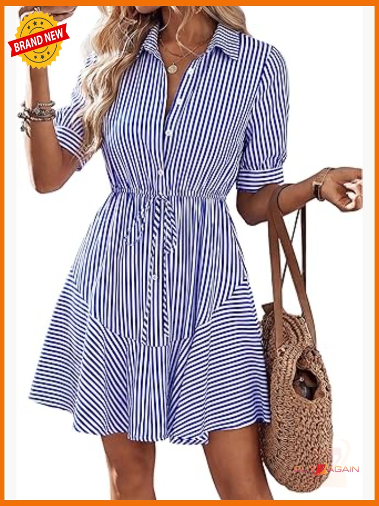 Womens Puff Short Sleeve Striped Mini Summer Dress Casual V Neck Button Down A